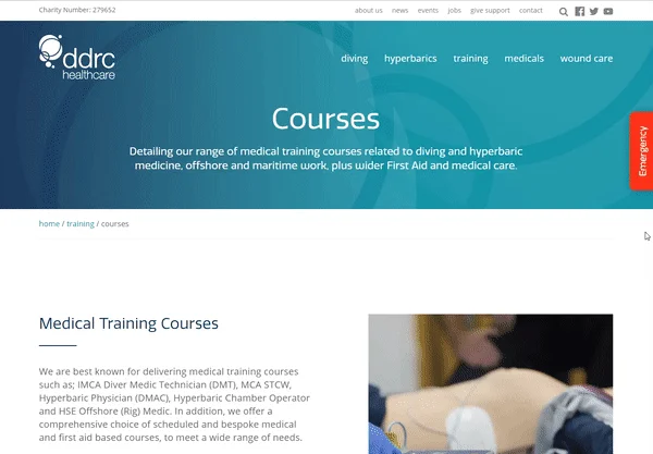 DDRC Healthcare website page showing medical training courses related to diving and hyperbaric medicine, with navigation bar and emergency button on the right.