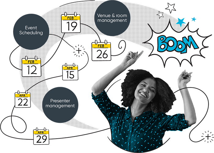 Diagram showing event scheduling dates in February and April with a smiling woman raising her hands and the word 'BOOM' in comic style.