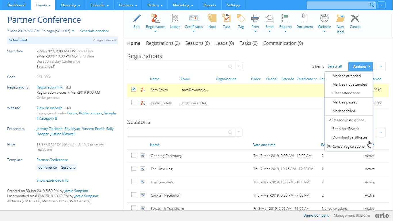 User interface of a Partner Conference dashboard showing event details, registrations with attendee names Sam Smith and Jonny Corlett, sessions schedule, and an open Actions dropdown menu with options like marking attendance and downloading certificates.