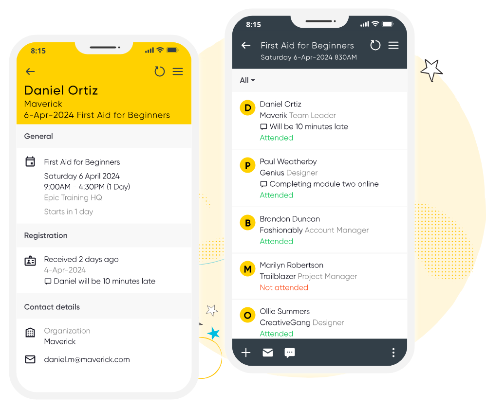 Two mobile screens showing event details and attendance status for 'First Aid for Beginners' on April 6, 2024, including participant notes and contact info.