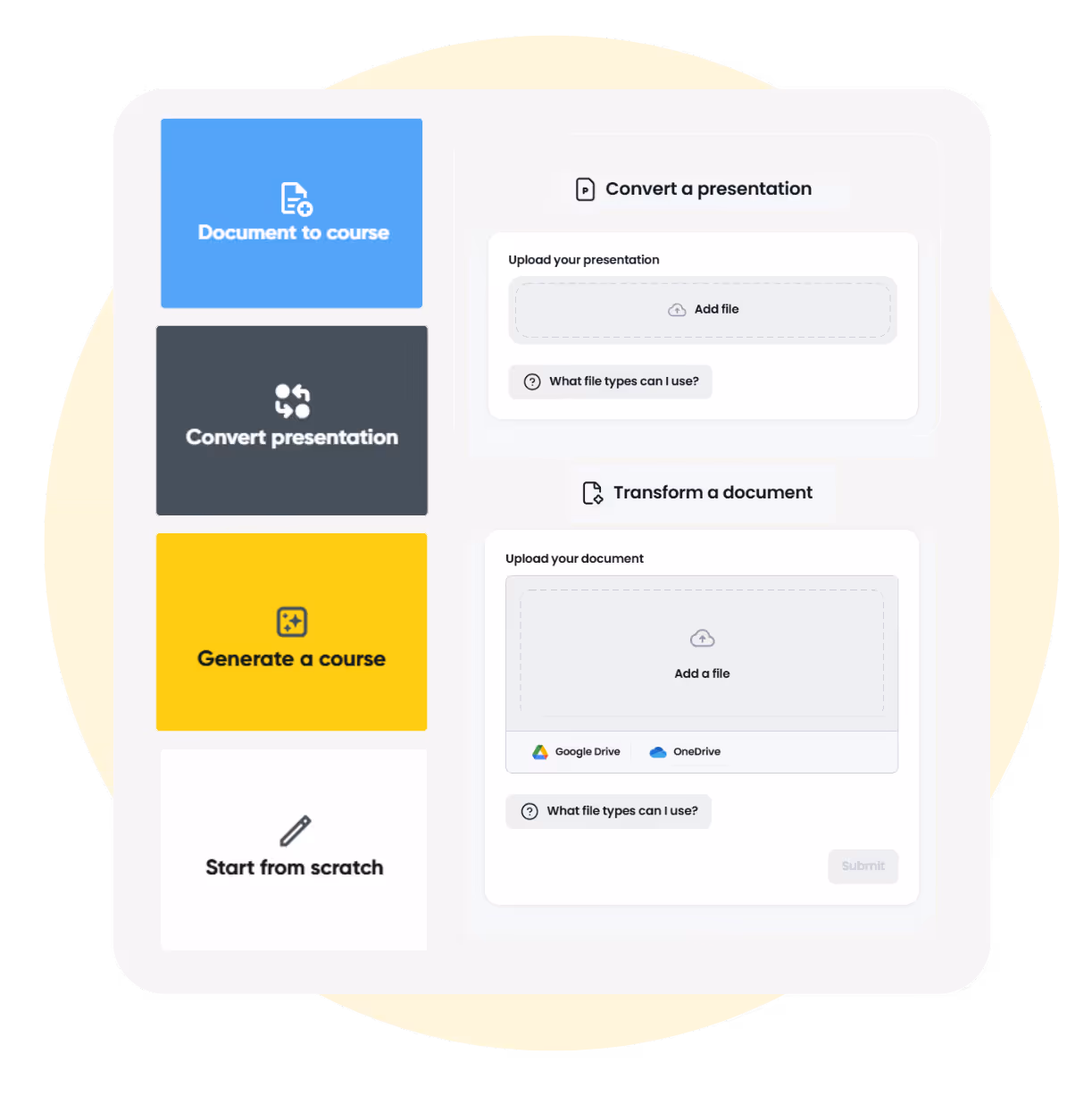 User interface for course creation with options: Document to course, Convert presentation, Generate a course, Start from scratch, plus sections to upload files for converting presentations and transforming documents.