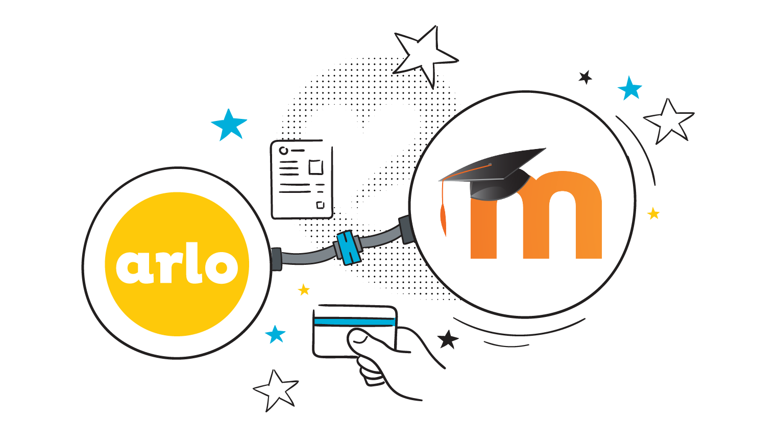Illustration showing integration between Arlo and Moodle with Arlo logo connected by a pipe to Moodle logo wearing a graduation cap, with a hand holding a card and document icons.