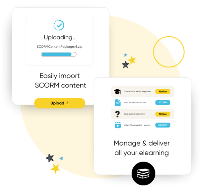 Interface showing a SCORM content upload in progress and a list of eLearning materials including courses, PDFs, quizzes, and videos labeled as Native or SCORM for managing and delivering eLearning.