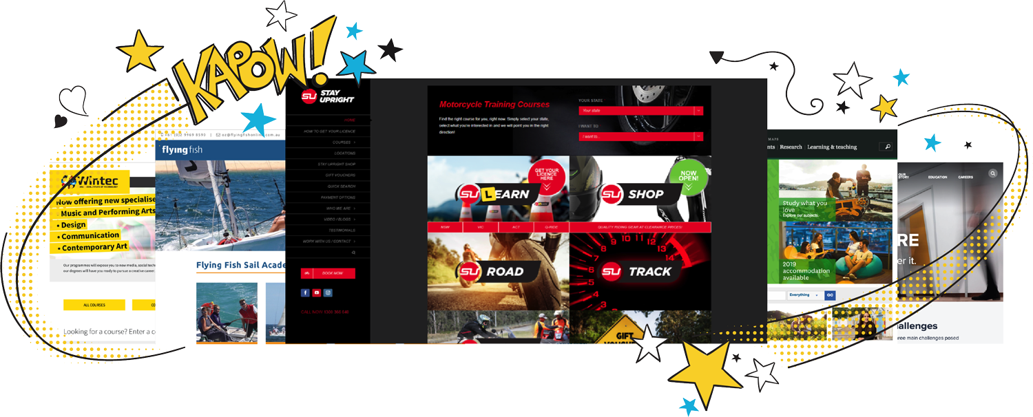 Collage of multiple website homepage screenshots surrounded by decorative yellow, blue, and black stars, with the word 'KABOW!' in bold comic style at the top left.