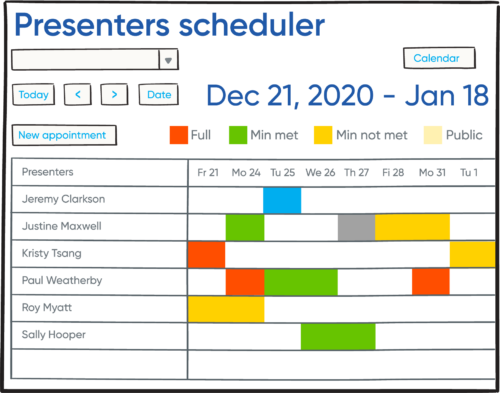 Screenshot of a calendar scheduling interface showing a weekly view with colored blocks representing appointments and navigation buttons for today, date selection, and new appointment.