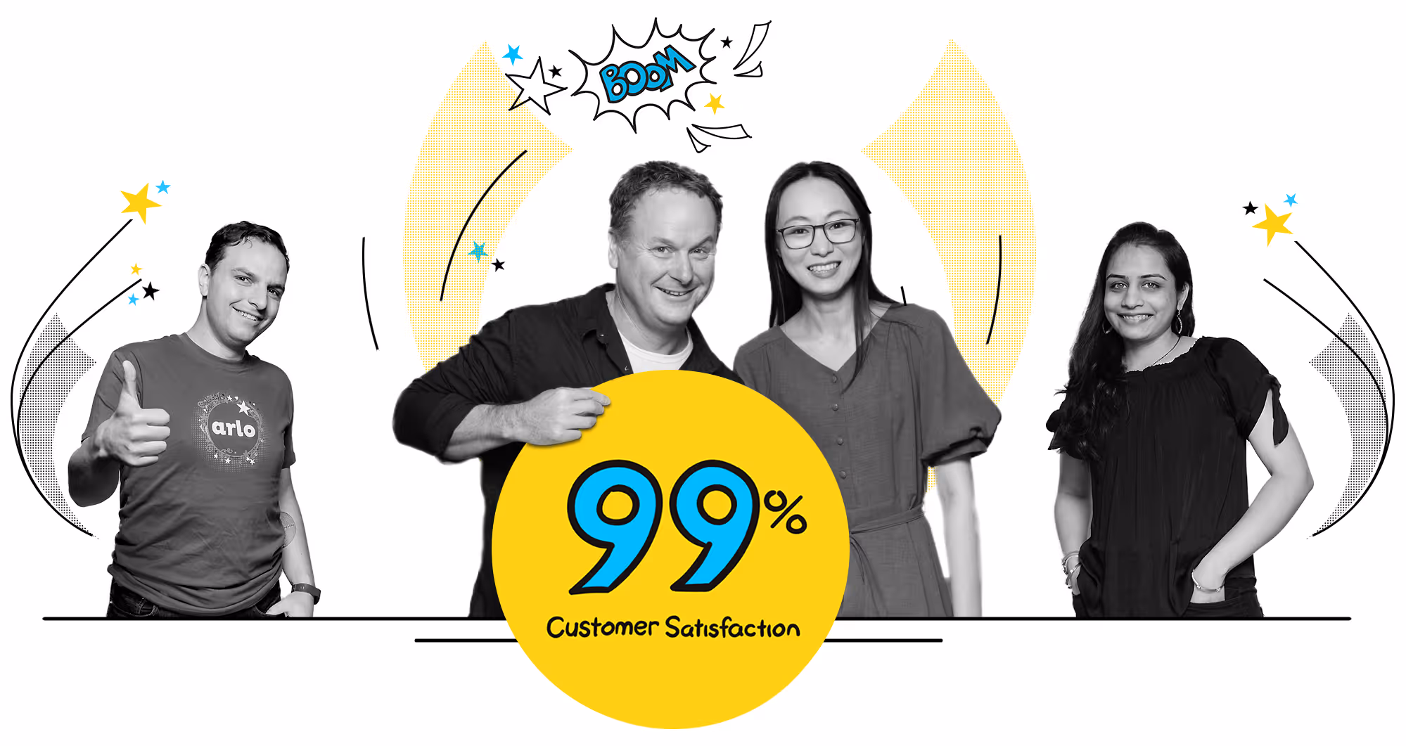 Three smiling people behind a large yellow circle showing 99% customer satisfaction with colorful decorative stars and 'BOOM' graphic.