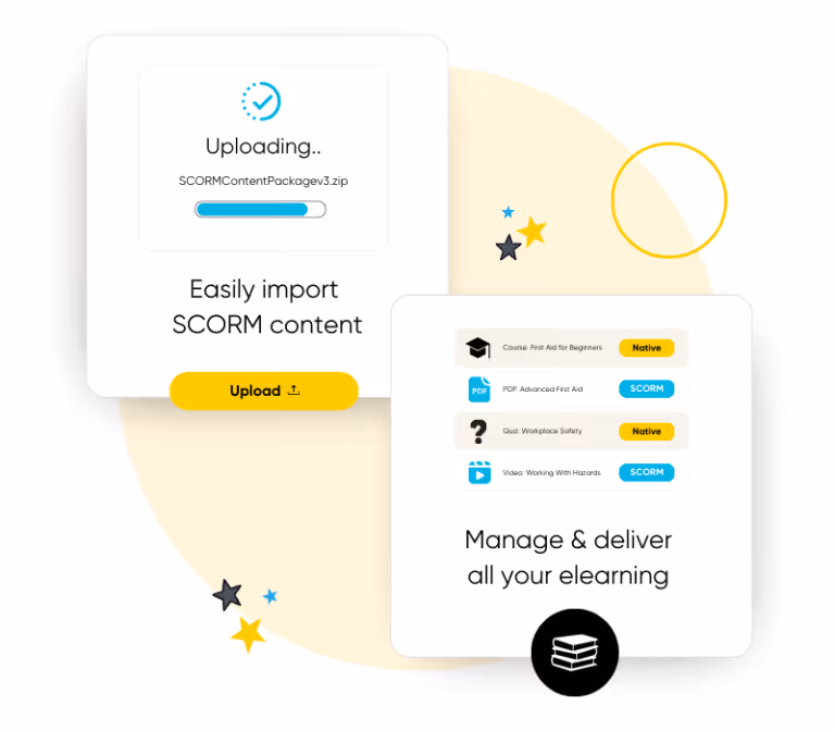 Two interface panels showing SCORM content import with a progress bar uploading a zip file and managing eLearning courses with labels for Native and SCORM content types.