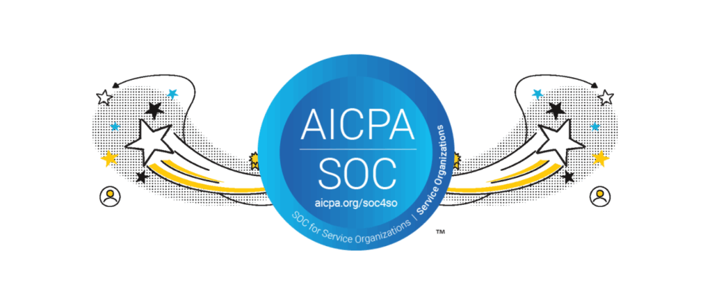 Blue circular AICPA SOC badge with stars and motion lines on a white background.