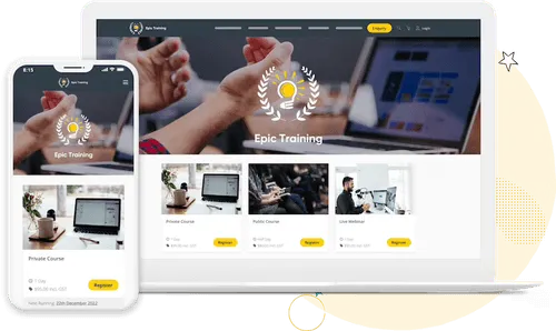 Responsive website display on tablet and smartphone showing Epic Training courses with images, descriptions, and register buttons.
