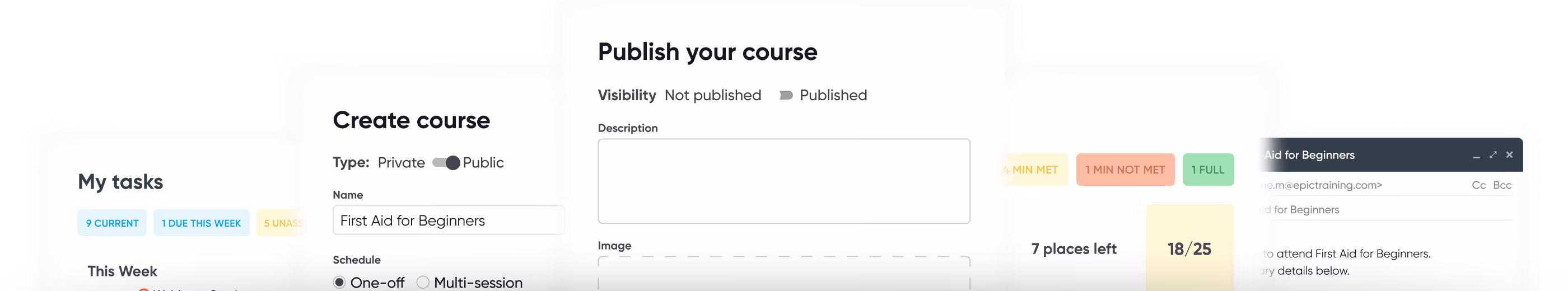 User interface showing course creation, publishing settings with visibility toggle, task overview, and attendee email invitation for a 'First Aid for Beginners' course.