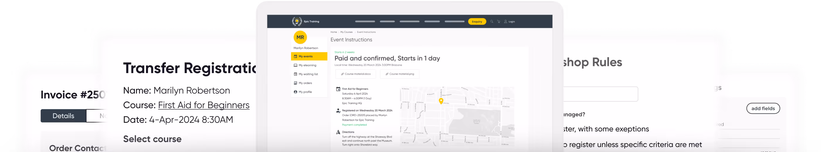 Tablet screen showing event instructions for paid course 'First Aid for Beginners' with date, location map, and registration details.
