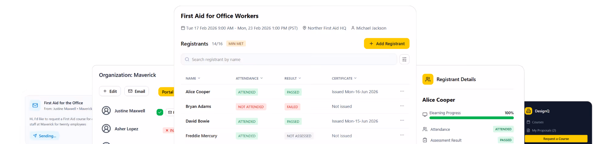 Dashboard showing first aid course attendance and results for office workers, with registrant details and progress.