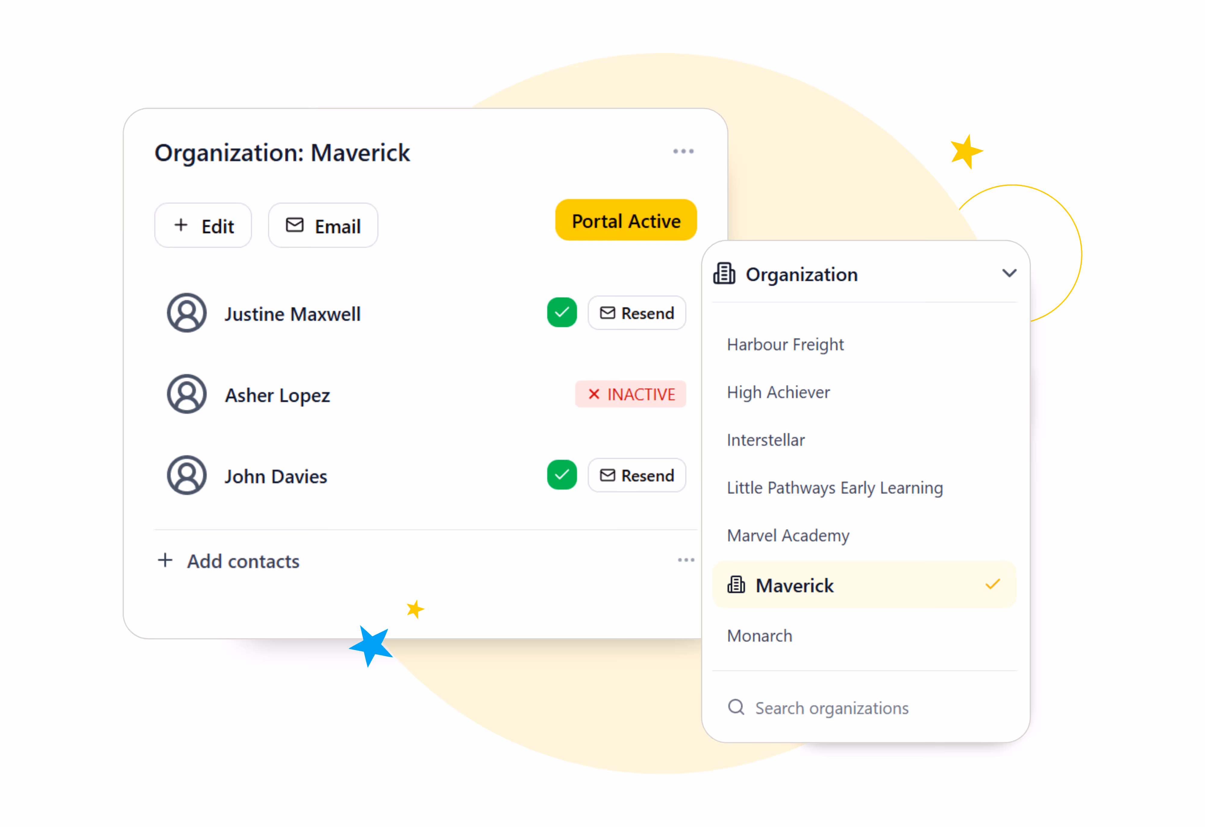 User interface showing Maverick organization contacts with status and a dropdown to select other organizations.