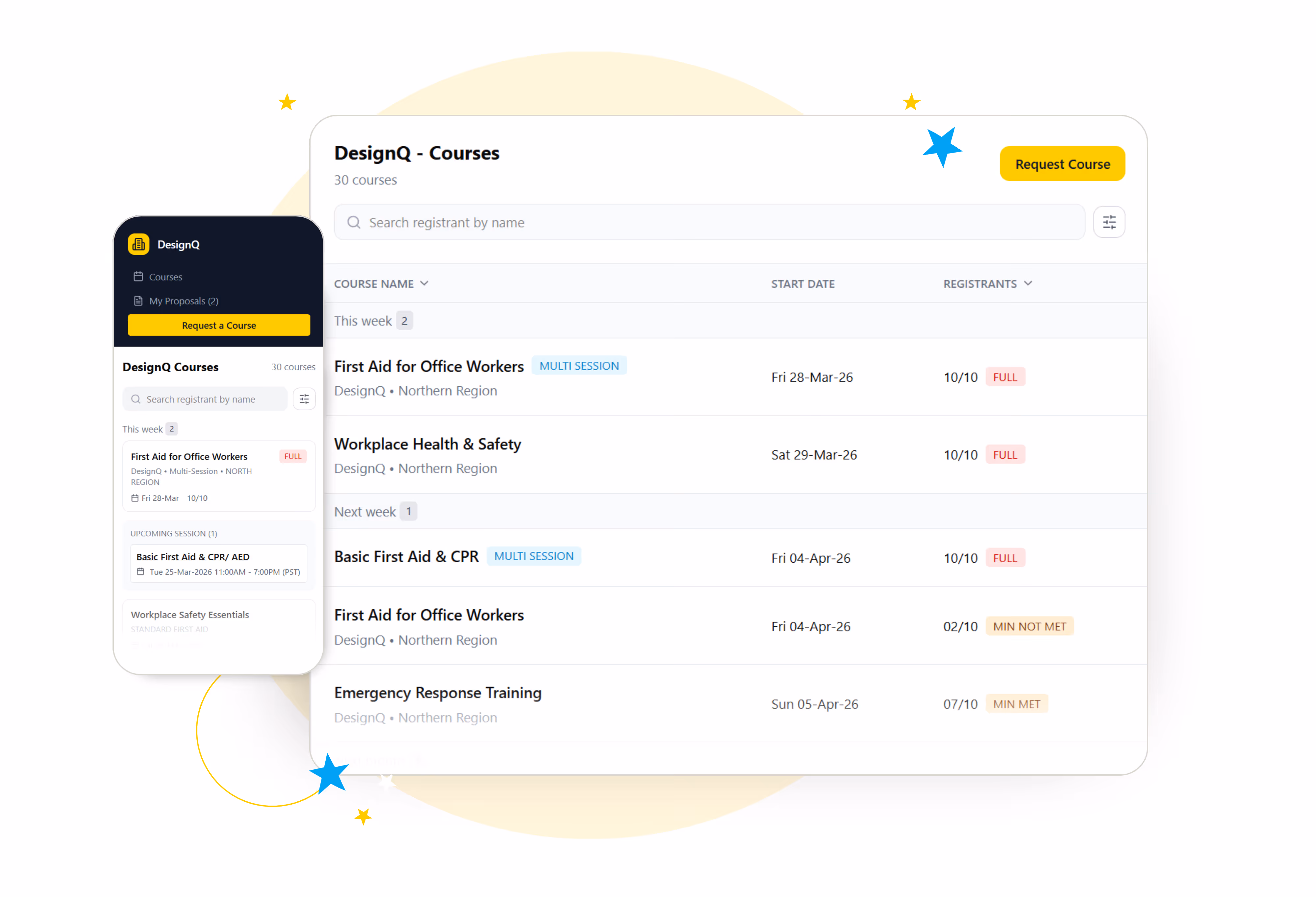 DesignQ course list showing names, start dates, and registrants, with a Request Course button and search bar.