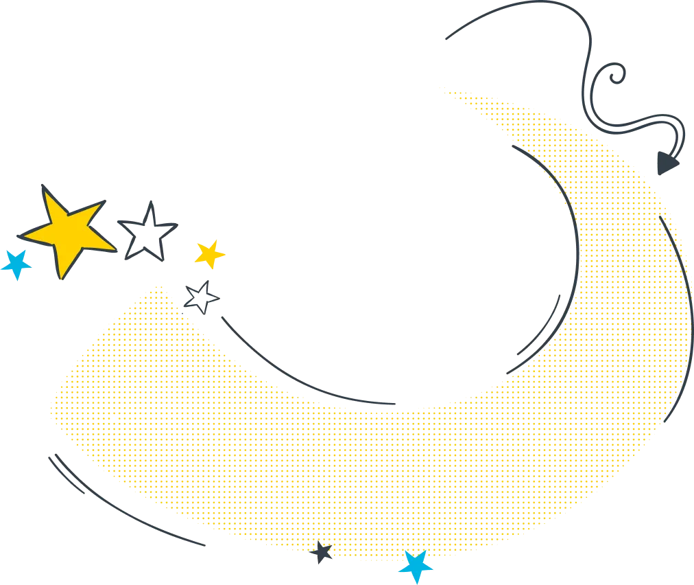 Yellow crescent moon with black outlines and scattered yellow and blue stars on a transparent background.