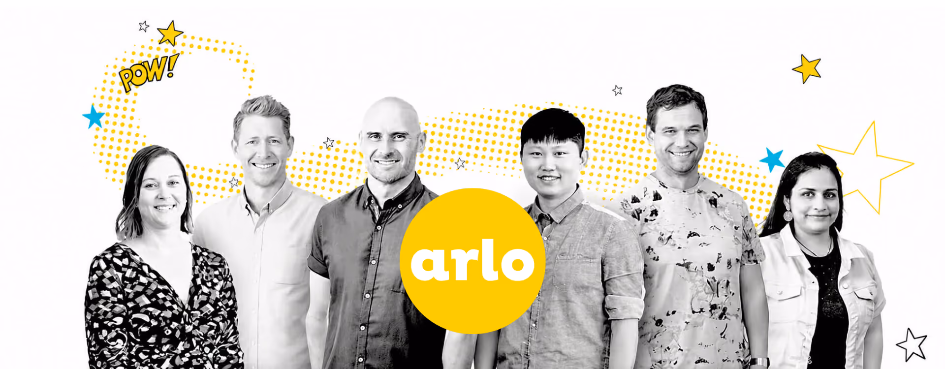 Group of six smiling diverse adults with a yellow circle reading arlo and cartoon stars in background.