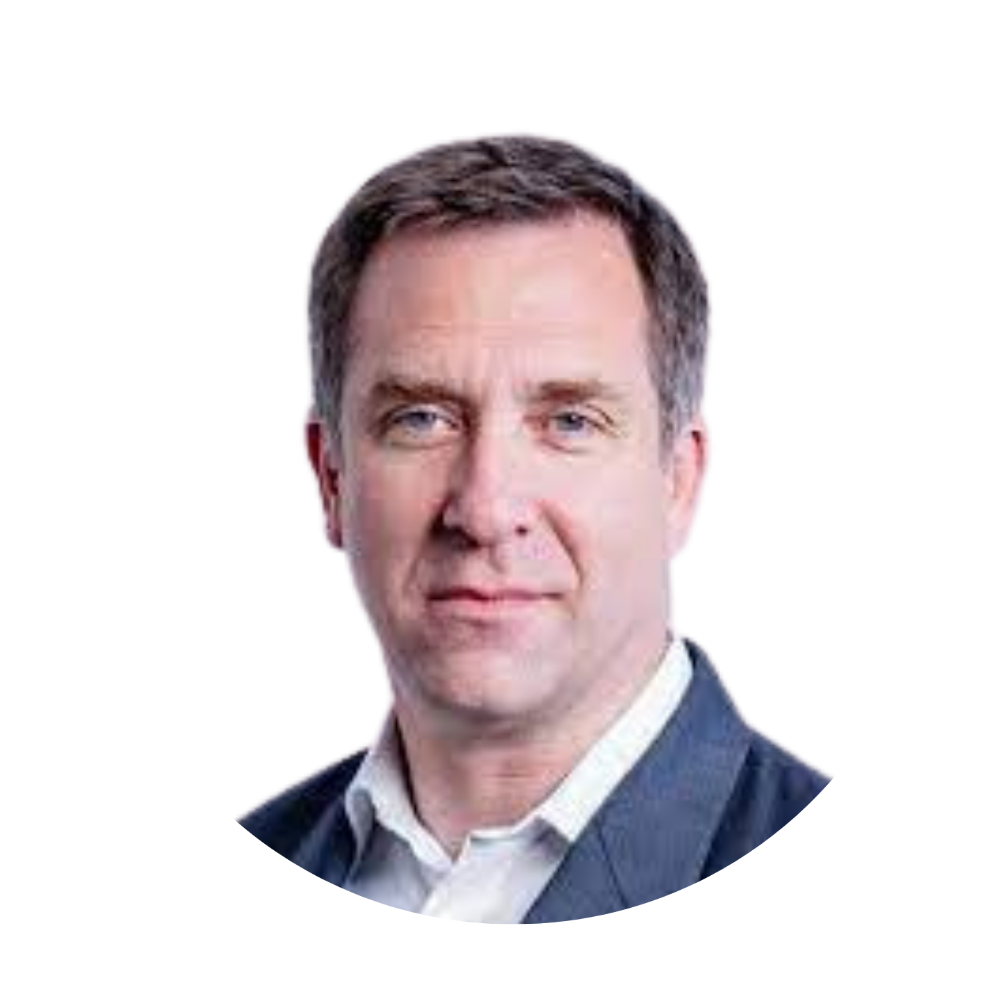 Portrait of a middle-aged man with short brown hair wearing a dark jacket and white shirt.