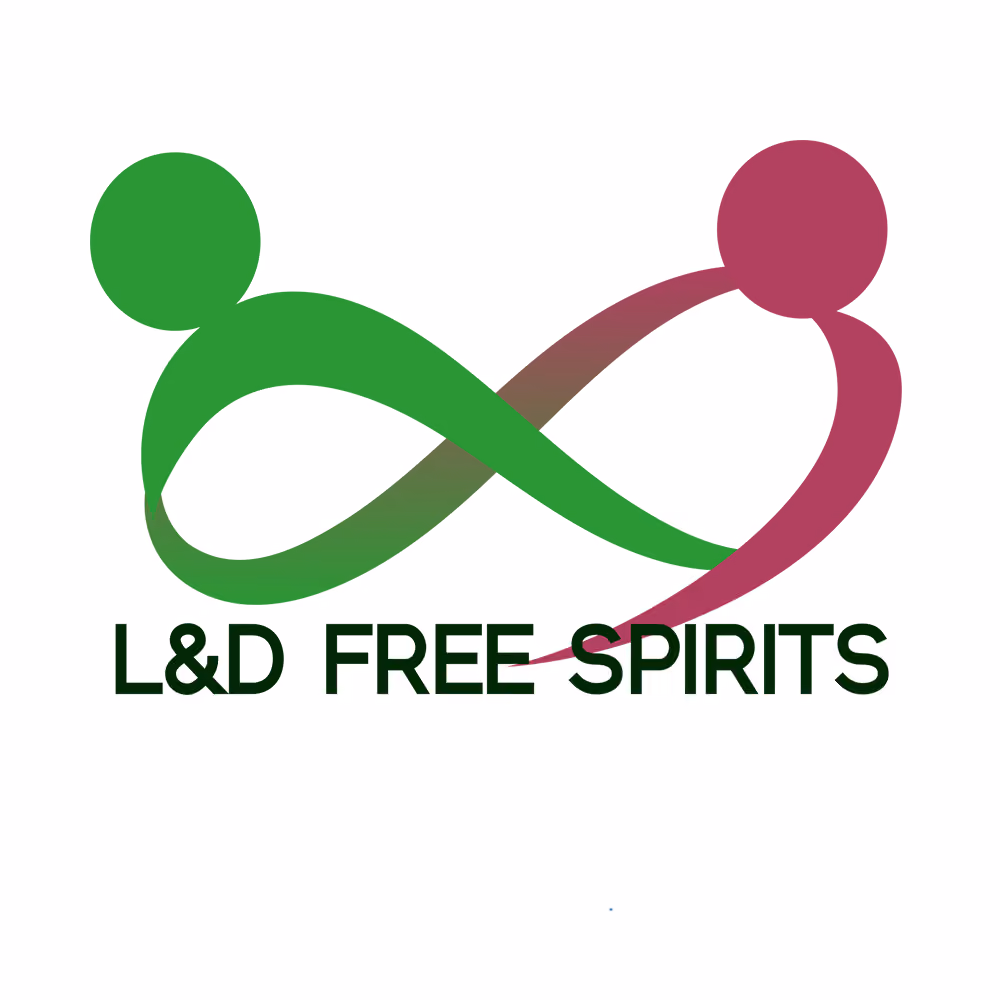Abstract logo of two stylized human figures in green and purple forming an infinity symbol with text L&D FREE SPIRITS.