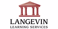 Logo of Langevin Learning Services featuring a classical building with columns and a triangular pediment in maroon above the company name.