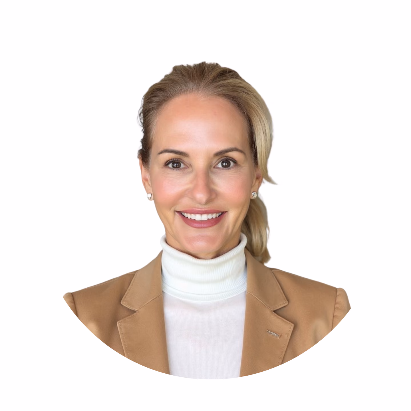 Portrait of a smiling woman with blonde hair pulled back, wearing a white turtleneck and a tan blazer against a white background.