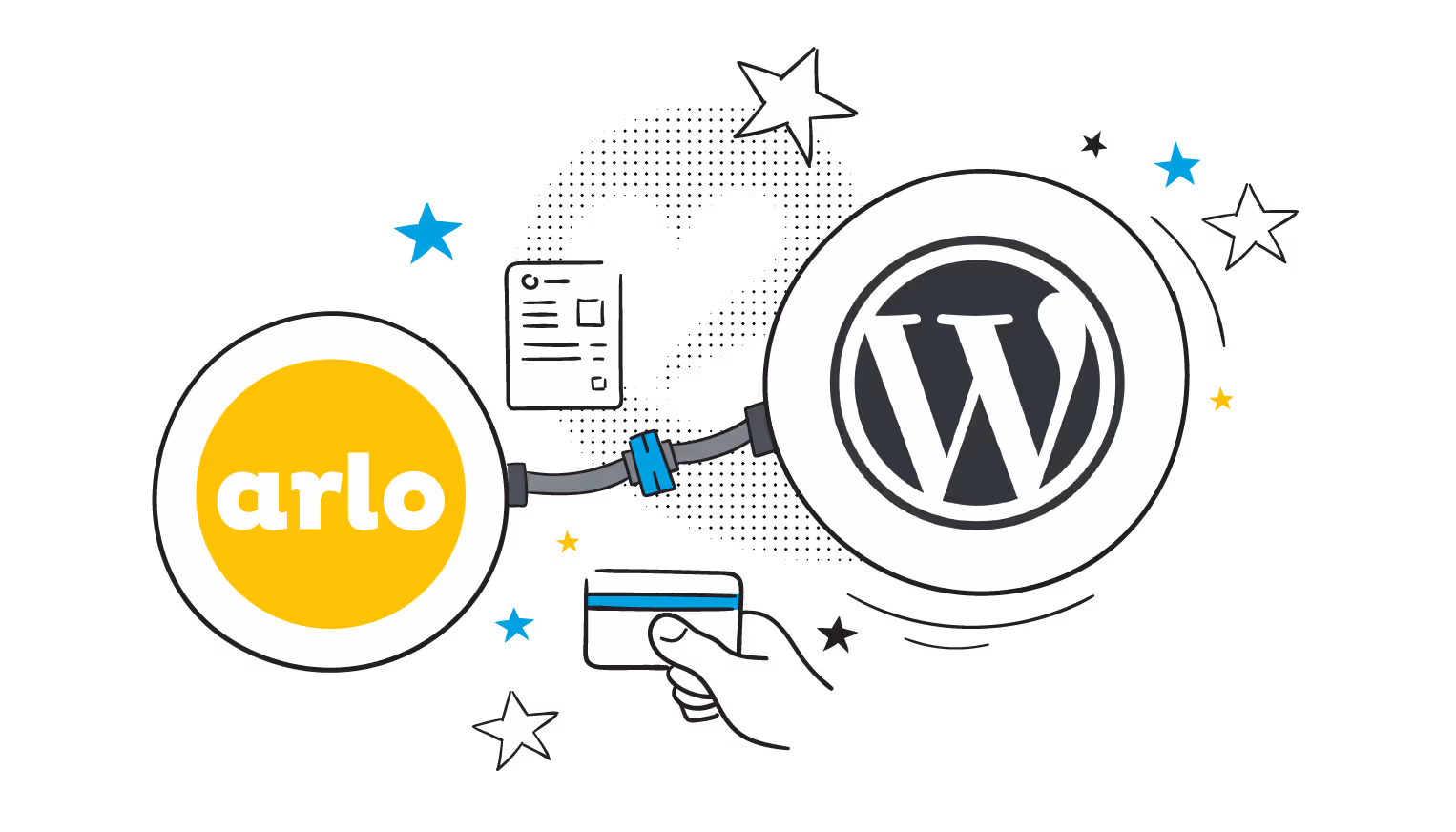 Illustration of the Arlo logo and the WordPress logo connected by a pipe.