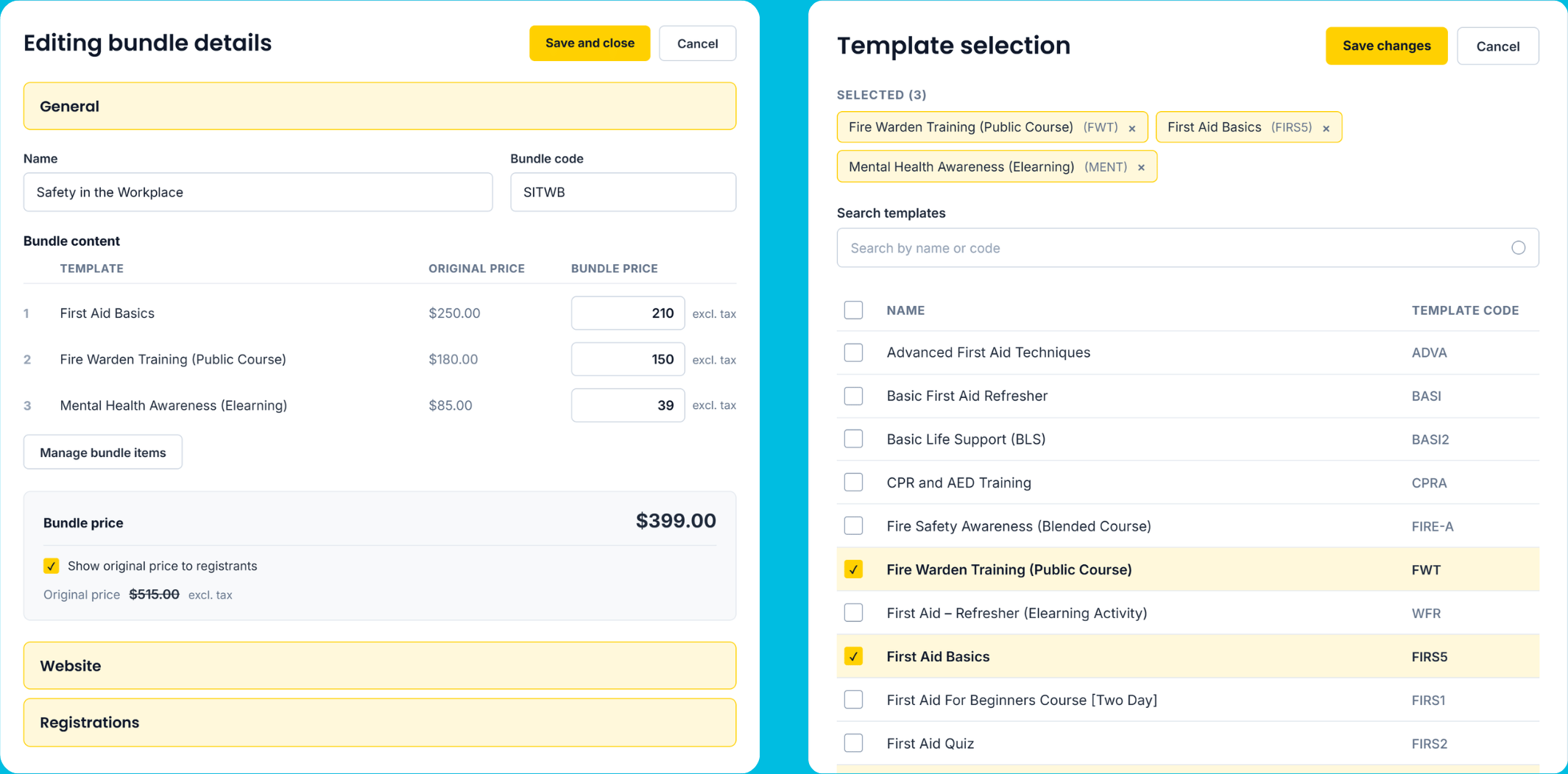 Arlo admin screen for building a bundle, showing selected course templates and per-course pricing, cropped