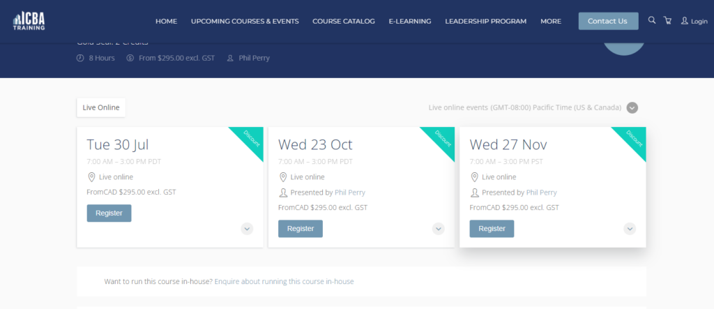 A view of virtual instructor led training courses.