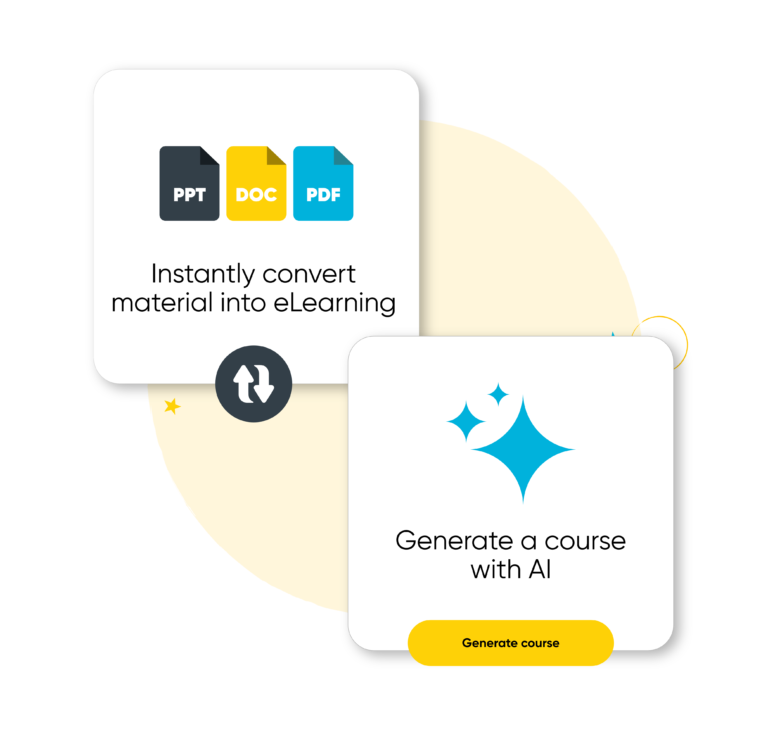 Graphic showing 'convert document to elearning', and 'generate a course with AI', course creation methods.