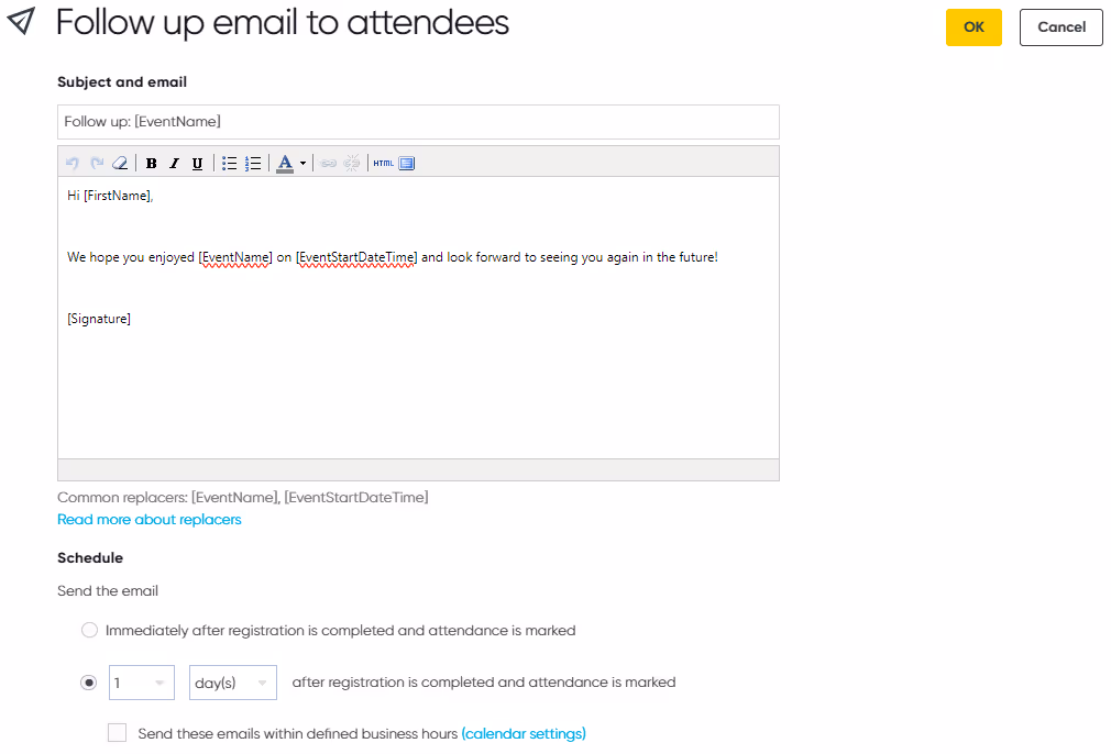 A user setting up a follow up email to attendees