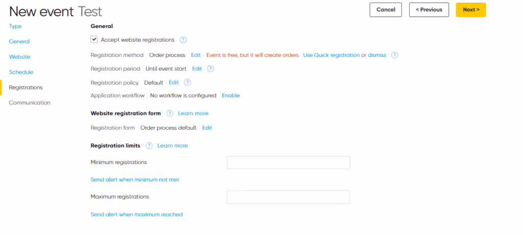 A user setting up the course registration process within Arlo