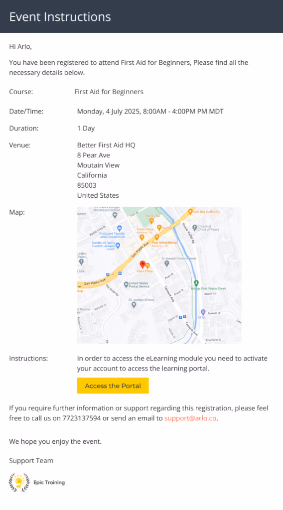 Arlo course confirmation email sent to a learner