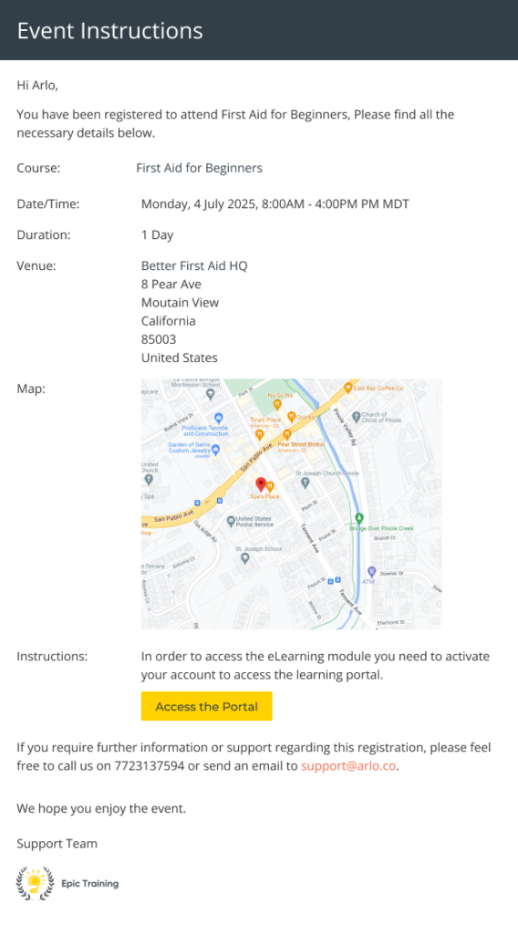 Course confirmation email sent from Arlo