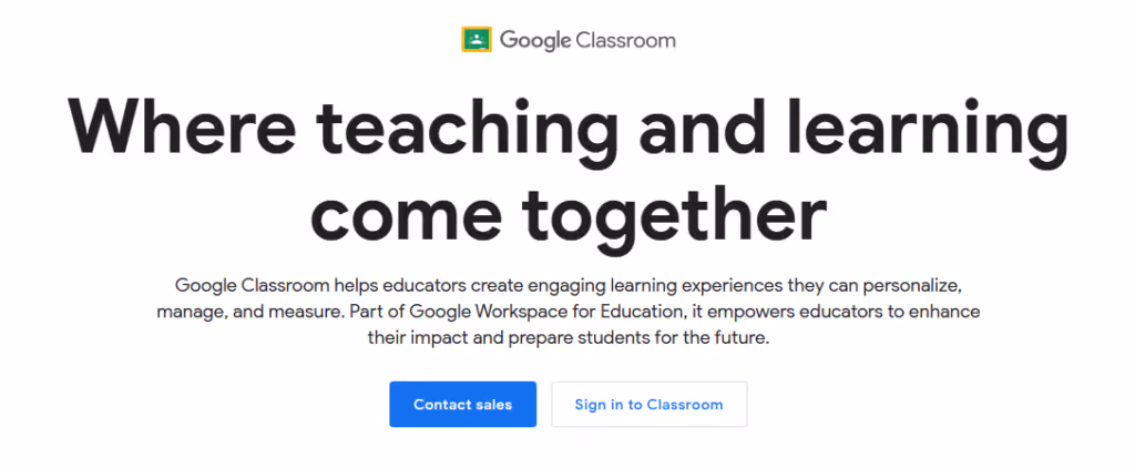 Google classroom homepage