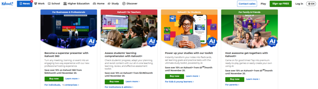 Kahoot homepage