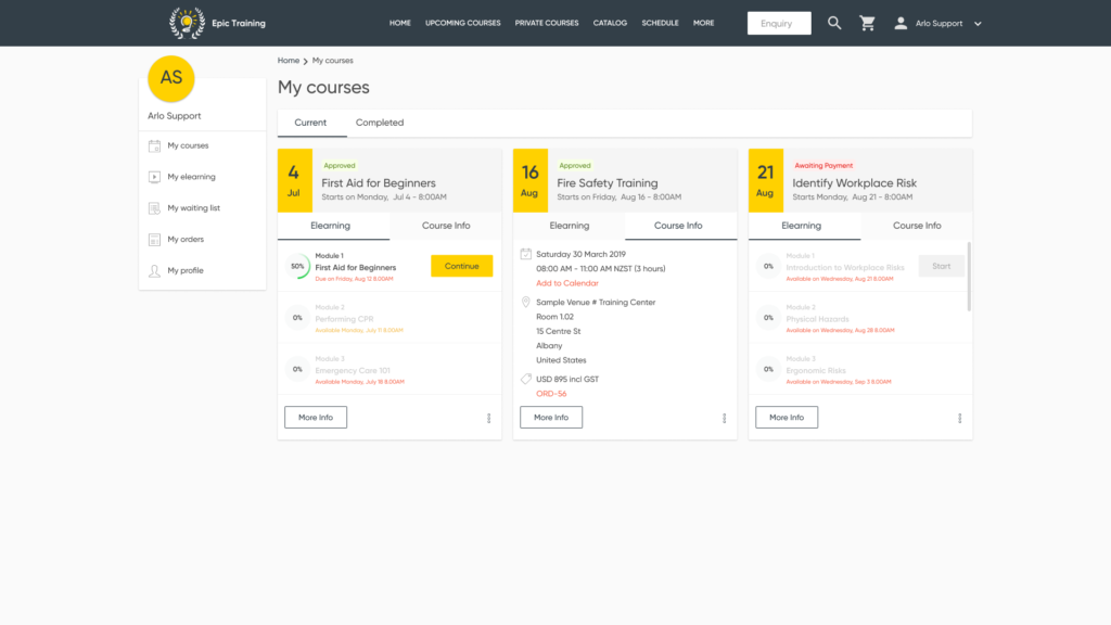 Course dashboard interface within Arlo