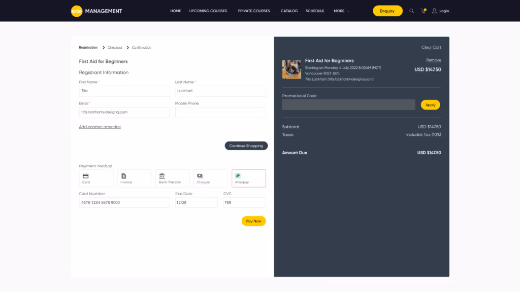 A user booking a First Aid for Beginners course