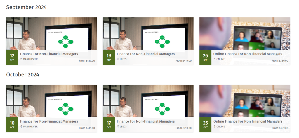 A view of upcoming courses, encompassing online learning.