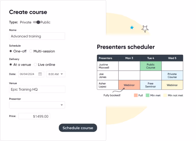 Graphic showing a user creating a course in Arlo, and an image of a presenters schedule