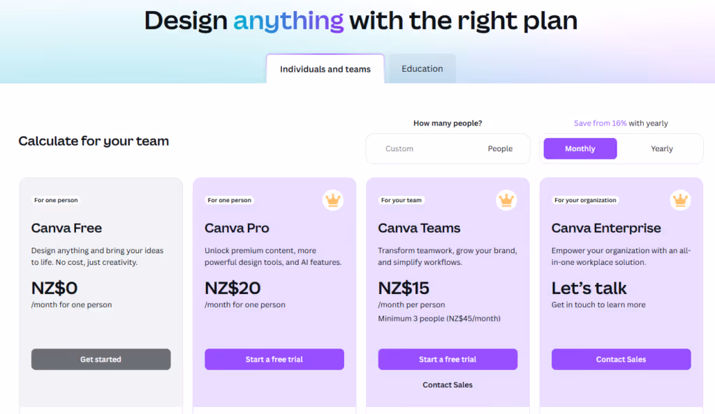 Image of Canva pricing.