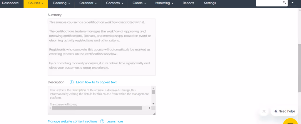 Course description input screen within Arlo