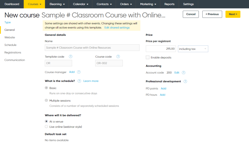 Image of a user setting up a new course within Arlo, primarily setting up course logistics