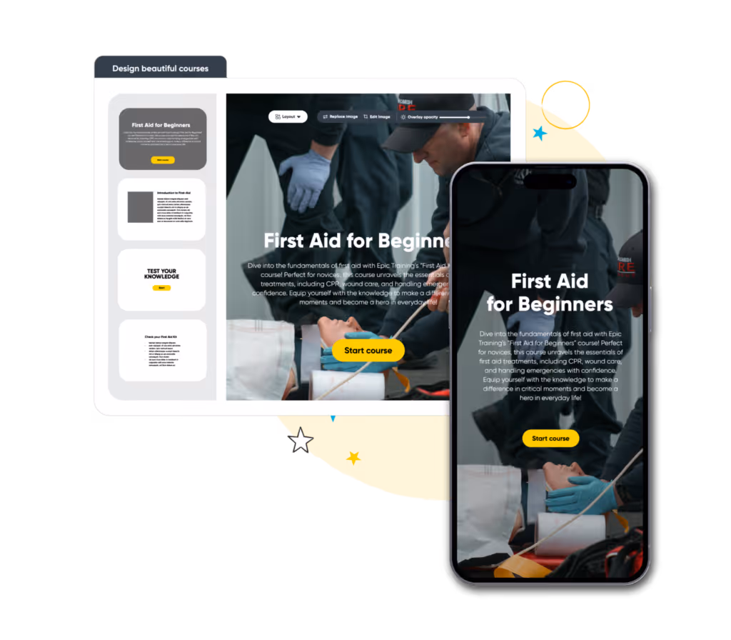 Image of a 'first aid for beginners course' on mobile and tablet