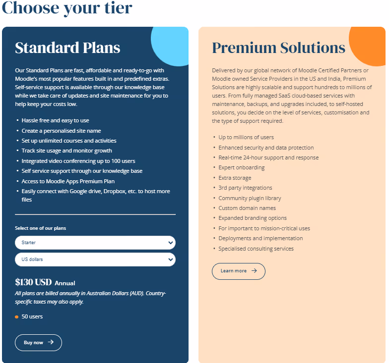 Image of Moodle pricing.