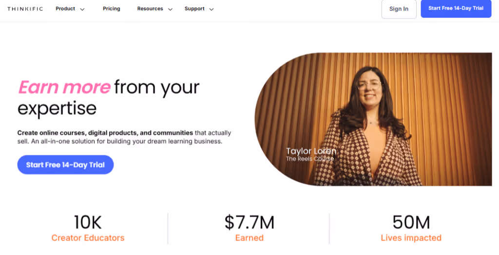 Image of Thinkific homepage. 