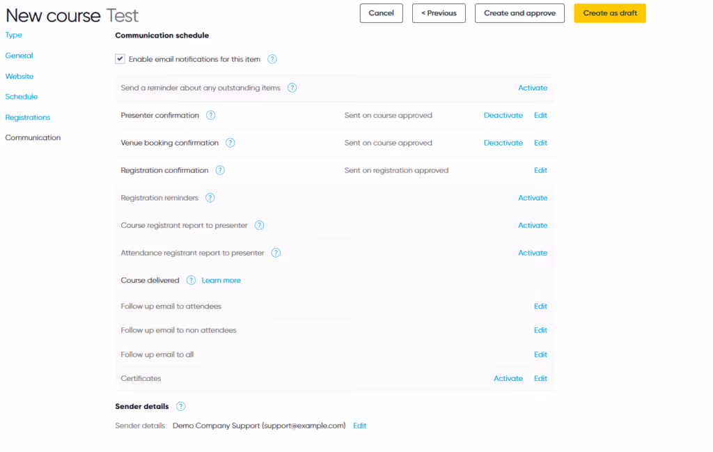 A user setting up a course's communication schedule
