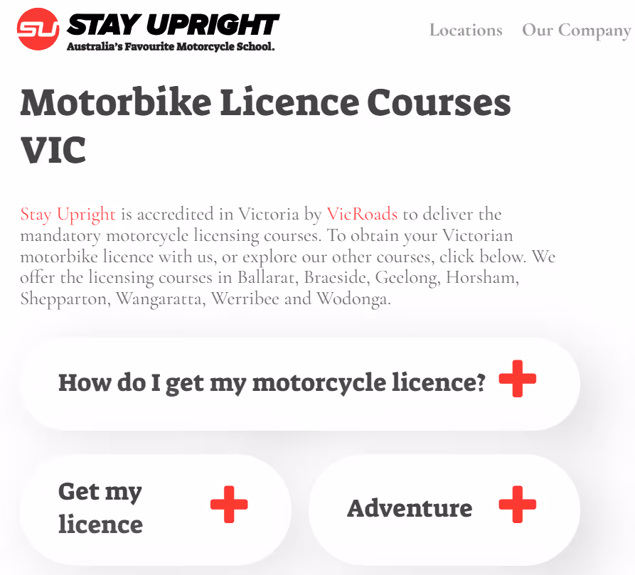 Stay Upright homepage showcasing motorbike license courses in Victoria, accredited by VicRoads and available in multiple locations