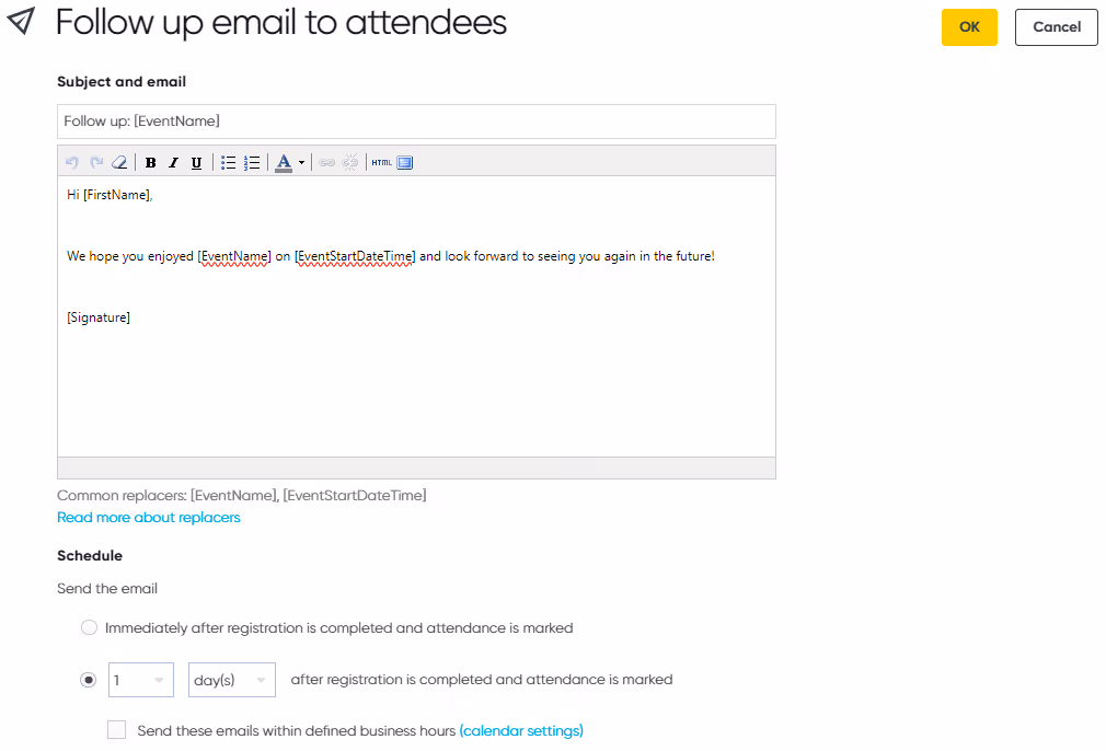 A user setting up a course follow up email within Arlo