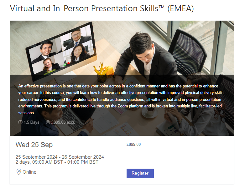 Virtual and In-Person presentation skills course, hosted by Communispond