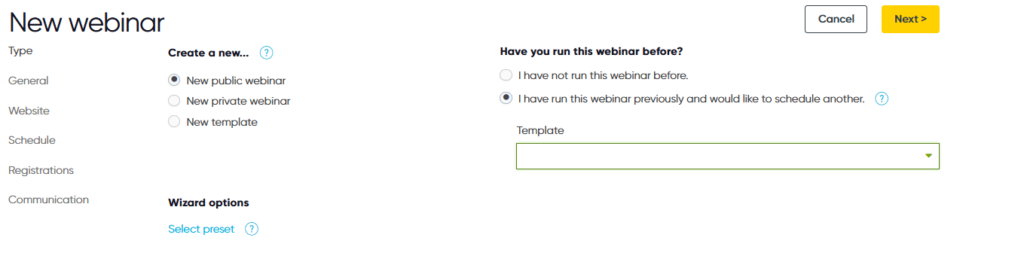 A user setting up a new webinar within Arlo