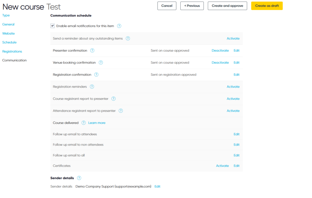 A user setting up a course's communication schedule